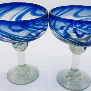 Pretty Pair (2) Handmade Blown Blue Swirl Mexican Margarita Glass Blue Rim 