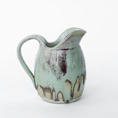 Vintage Hand Spun Ceramic Pitcher with Speckled Cream, Green and Blue Accenting 