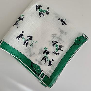 1950's POODLE Hankie - Printed Cotton - Green, Black & White Poodle Imagery - 15-1/4 inches x 15-1/4 inches 