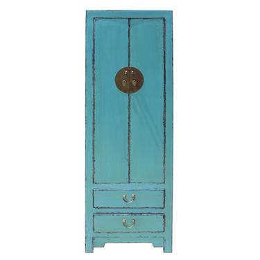 Oriental Distressed Light Aqua Blue Lacquer Moonface Slim Storage Cabinet cs5161S