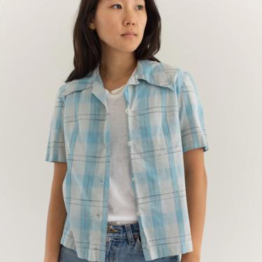 Vintage 70s Blue White Plaid Loop Collar Button Down Blouse | Made in USA | Summer Shirt | XS S | 
