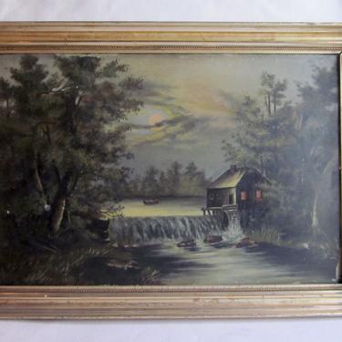 Vintage Shabby Chic c. 1920s-1940s Oil on Board Moonlit Cottage Waterfront Scene Painting with Figures Canoeing and Water Wheel 