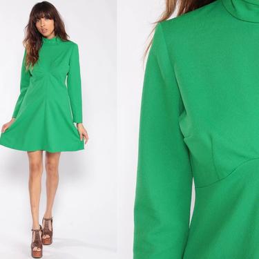 Babydoll Dress 1970s Mod Mini Dress Green Dress 70s High Neck Dress Party Empire Waist Twiggy Dolly Vintage Long Sleeve Plain Medium 