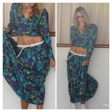 80s Floral 2 Piece Set skirt &amp; Top puff sleeve S M 