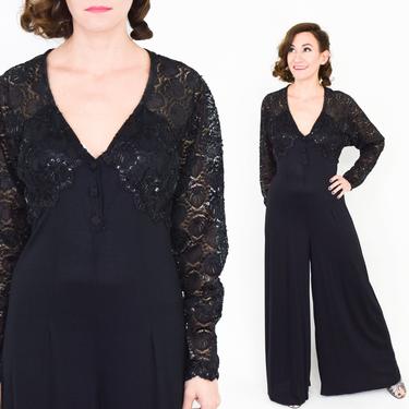 80s Black Lace Jumpsuit | Black Palazzo Jumpsuit | OK SAM | Medium 