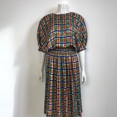 Vtg 80s silk avant garde graphic print dolman sleeve dress 