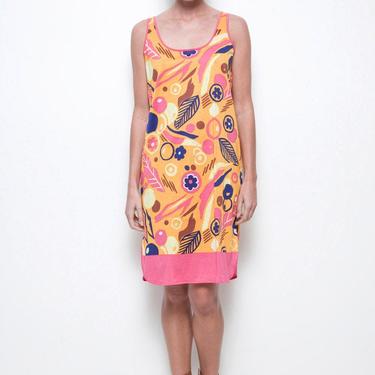 cotton tank dress vibrant print orange pink casual Italian sleeveless S M Small Medium 