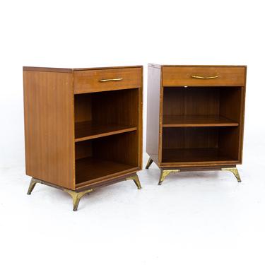R-Way Mid Century Walnut and Brass Nightstands - A Pair - mcm 