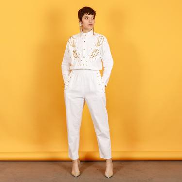 80s White Gold Embellished Classic Jumpsuit Vintage Long Sleeve Rhinestone Jumpsuit 