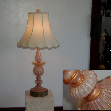 Barovier and Toso 37&amp;quot; tall Opalescent Gold Aventurine / Dust Pink Art Glass Murano Italy Art Glass Lamp w/ Accents, Ruffle &amp; Filigree Base 