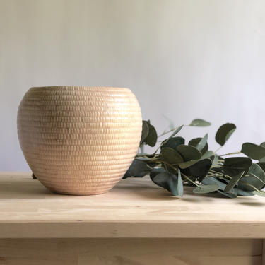 Vintage Handmade Pink Ceramic Round Vase, rope detail 