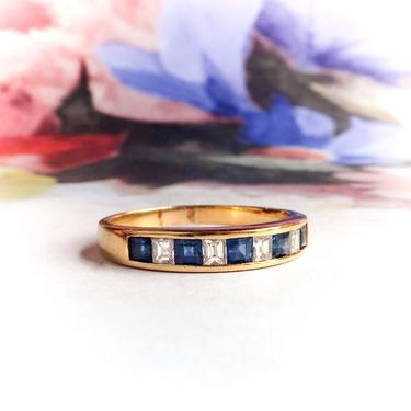 Estate Step Cut Sapphire and Diamond Stacking Anniversary Ring Wedding Band 18K Yellow Gold 