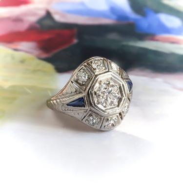 Art Deco Diamond Sapphire Engagement Ring Platinum 