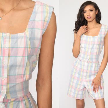 Checkered Romper Playsuit Pastel Plaid  Romper 90s Boho One Piece Woman 1990s Button Up Sleeveless Summer Outfit Plaid Checkered Medium 