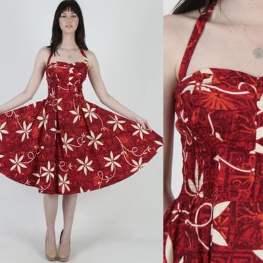 Vintage 50s Alfred Shaheen Dress / Bombshell Halter Cocktail Dress / Hawaiian Luau Tiki Party Dress / Red Full Circle Skirt Mini Dress 