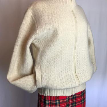 70’s woolen Sweater knit~ unisex style Zipper front knit jacket~ 100% wool Vintage LL Bean high collar with pockets M/ LG natural tone 