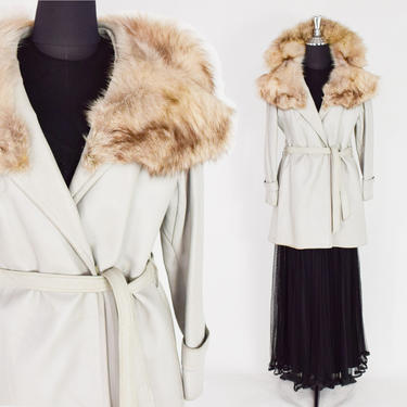 1960s Gray Leather Trench Coat | 60s Dove Gray Fox Fur Collar Coat | dan di modes | Medium 