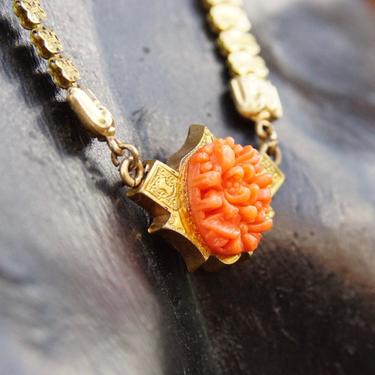 Victorian Gold Tone Carved Coral Pendant Necklace, Mourning Jewelry, Ornate Gold Chain, Unique Pendant, Slide Lock, 19 1/2&amp;quot; L 