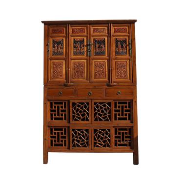 Chinese Brown Open Panel Relief Carving Storage Stack Cabinet cs5460E 