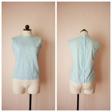 60s Sleeveless Sky Blue Button Back Blouse with Eyelet Embroidery Size S 