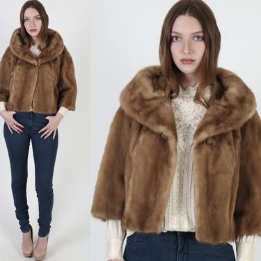 Short Portrait Collar Mink Fur Coat / Vintage 60s Real Fur Cropped Jacket / 1960s Autumn Haze Plush Opera Evening Jacket 