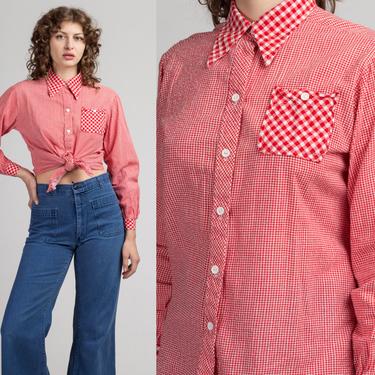 70s Red & White Gingham Western Shirt - Medium | Vintage Checkered Long Sleeve Pocket Top 