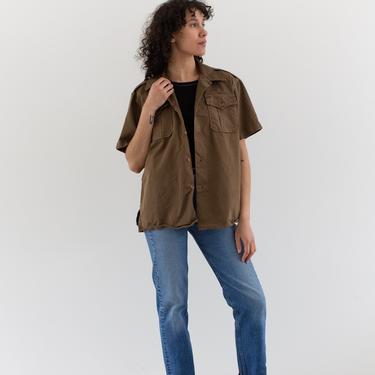 Vintage Mushroom Brown Cotton Button Up Shirt | Boxy Short Sleeve Work Shirt | M L 