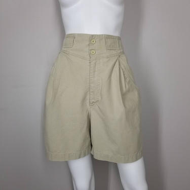 Vintage Khaki Bermuda Shorts, Small Medium / Pleated High Waist Shorts / Linen Look Flared Shorts / 1990s Womens High Rise Wide Leg Shorts 