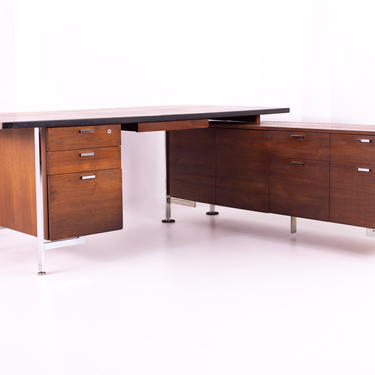 George Nelson Style Robert John Mid Century Chrome and Walnut Executive Corner Desk - mcm 
