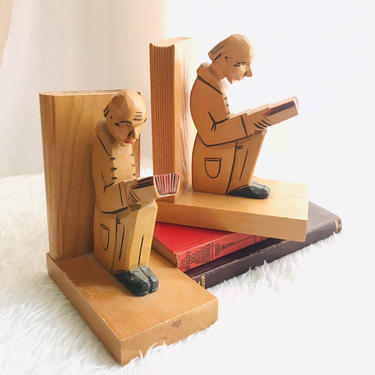 Vintage Carved Wood Book Ends, Pair, Book Lover, Mid Century, Set of 2 