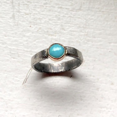 American Mined Turquoise Low Profile ring in 14k yellow gold bezel on carved sterling bezel 