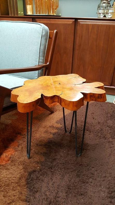 Vintage small live edge side table with hairpin legs