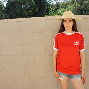 Old School Adidas Shirt // vintage 70s 80s trefoil dress red tee t-shirt t cotton stripes // S/M by FenixVintage