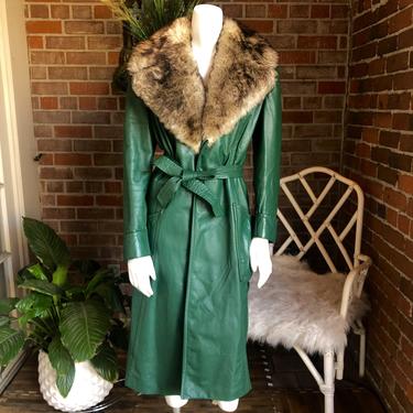 1970s Green Leather Faux Fur Collar Trench