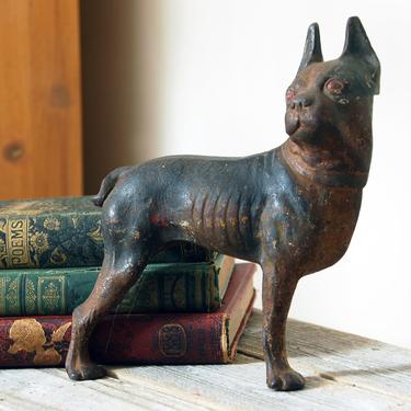 Antique cast iron dog / Boston Terrier dog doorstop / half dog statue / cast iron doorstop / rustic patina cast iron dog figurine 