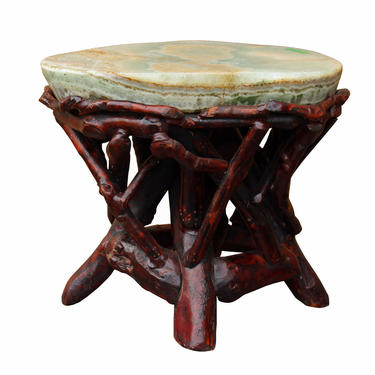 Crystal Jade Stone Top Bamboo Wood Stick Accent Stool Table cs2411E 