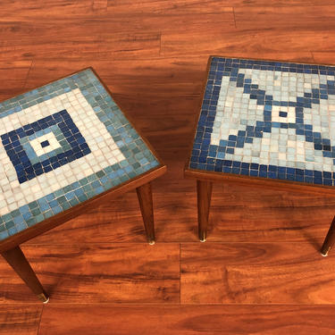 Mosaic Tile Top Walnut End Table Pair 