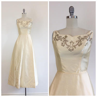 50 DOLLAR SALE /// 50s Pastel Yellow Satin Prom Dress / 1950s Vintage Floor Length Beaded Evening Gown / Small / Size 2 