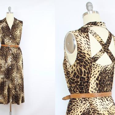 Vintage 90's Animal Print Midi Dress / 1990's Open Back Midi Dress / Minimalist / Button Up Rayon Dress / Summer / Women's Size Medium by Ru