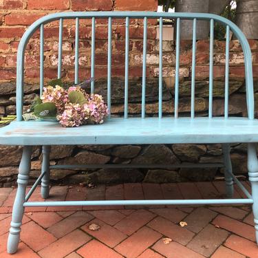 Vintage Aqua-blue Windsor Style Wooden Bench