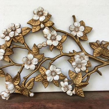 Vintage Burwood Dogwood Branch 4281, Mid Century Modern Wall Decor, Gold And White Flowers Plaque 