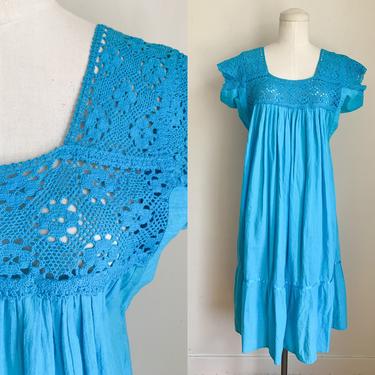 Vintage 1970s Blue Mexican Crochet Dress / L 