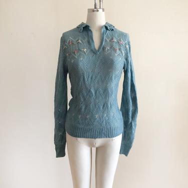 Light Blue Floral Embroidered Sweater with Crocheted Collar - 1970s 