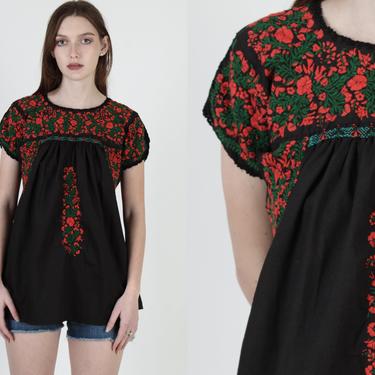 Black Oaxacan Tunic / Crochet Trim Mexican Blouse / A Line Made In Mexico Blouse / Dark Bright Floral Embroidered Shirt 