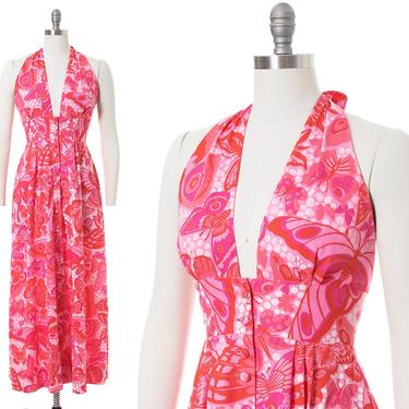 Vintage 1970s Sundress | 70s Butterfly Novelty Print Pink Cotton Halter Low Cut Maxi Dress (small/medium) 