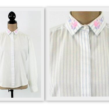 70s White Pinstripe Blouse Medium, Cotton Long Sleeve Button Up with Floral Embroidered Collar, 1970s Clothes Women Vintage Clothing Mr Witt 