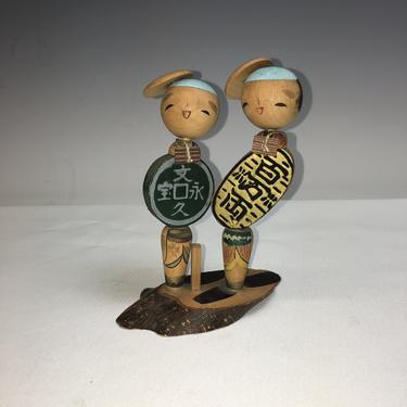 Vintage Kokeshi Wooden Doll Pair on Stand Wood Handmade Swivel Heads Japanese 