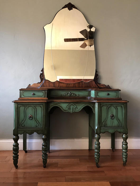 SAMPLE PIECE ONLY - Antique Make-up Vanity with Mirror and Seat 