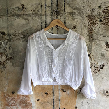 1920s White Cotton Lace Victorian  Sheer Button Down Shirt S/M 