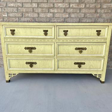 Mid Century Hollywood Regency Dixie Shangri-La Six Drawer Double Dresser in Jonquil Yellow with White Trim, Geometric and Fretwork Accents 
